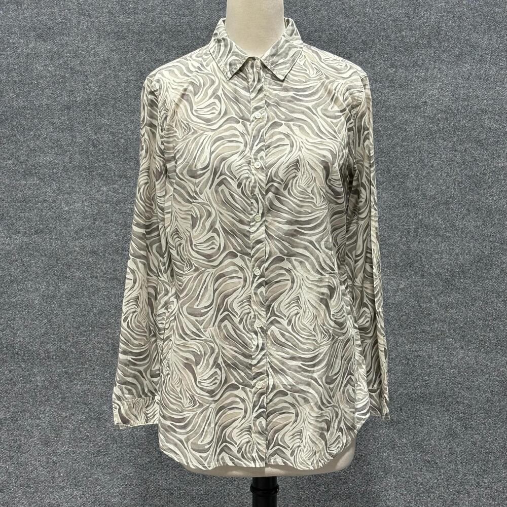 J McLaughlin Shirt Womens Medium Beige Animal Print Button Front Long Sleeve